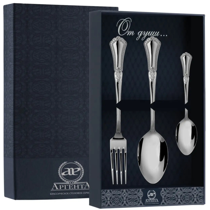 Серебряный столовый набор "Фаворит": вилка, ложка, чайная ложка, на 1 персону - артикул: AK01247 - стоимость: 53 500 руб. Серебряный столовый набор "Фаворит": вилка, ложка, чайная ложка, на 1 персону - артикул: AK01247 | Мосподарок