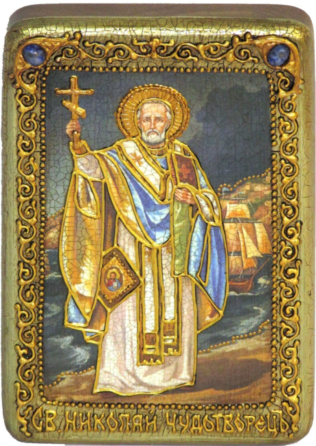 Настольная икона "Святитель Николай, чудотворец (Морской)" на мореном дубе