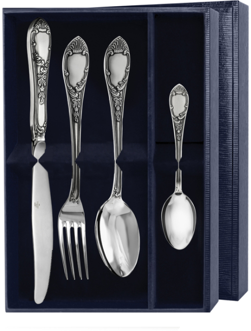 Серебряный столовый набор "Эгоист-Престиж": вилка, ложка, нож, чайная ложка, с чернением Серебряный столовый набор "Эгоист-Престиж": вилка, ложка, нож, чайная ложка, с чернением