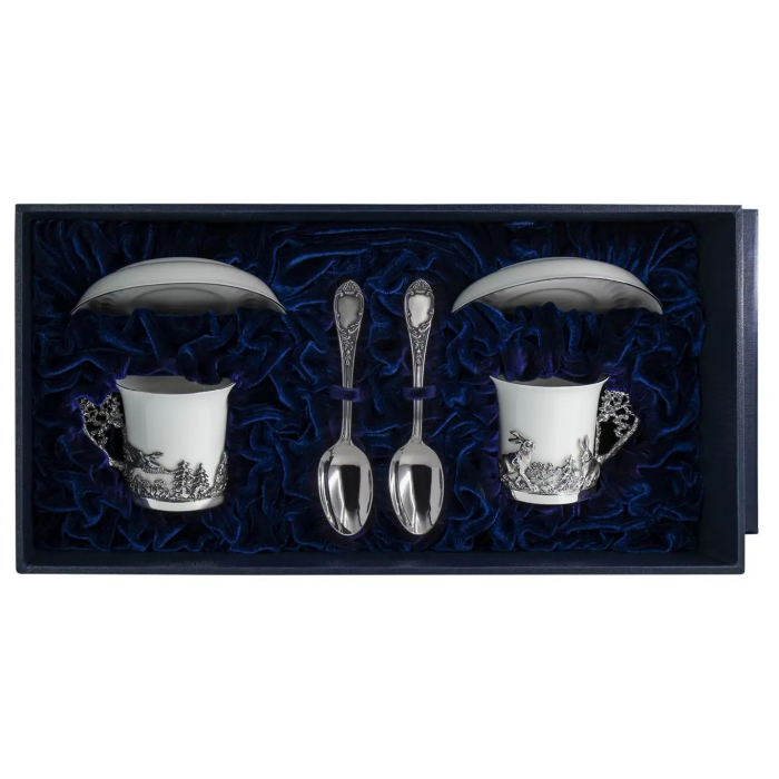 Набор кофейных чашек из серебра и фарфора "Зайцы": блюдце, ложка, чашка, на 2 персоны - артикул: AK01814 | Мосподарок 