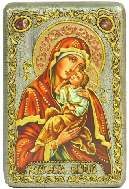 Настольная икона Пресвятой Богородицы "Взыграние младенца" на мореном дубе