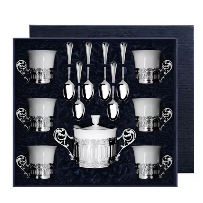 Кофейный набор из серебра и фарфора "Богема": ложка, чашка, сахарница , на 6 персон