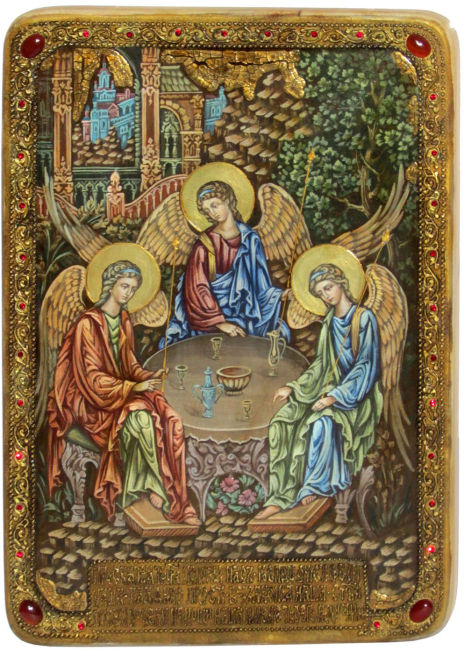 Живописная икона "Троица" на кипарисе в березовом киоте