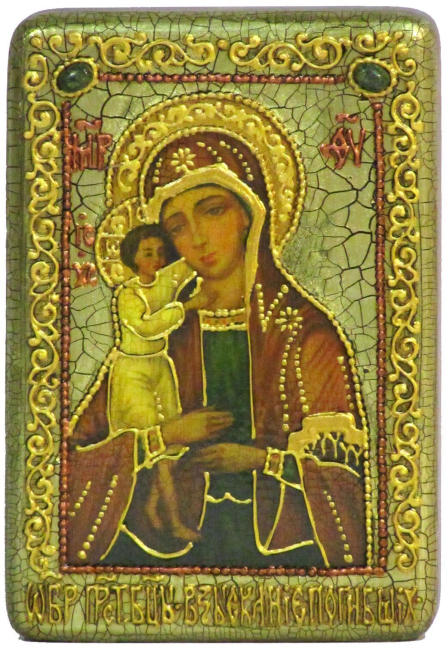 Настольная икона Пресвятой Богородицы "Взыскание погибших" на мореном дубе