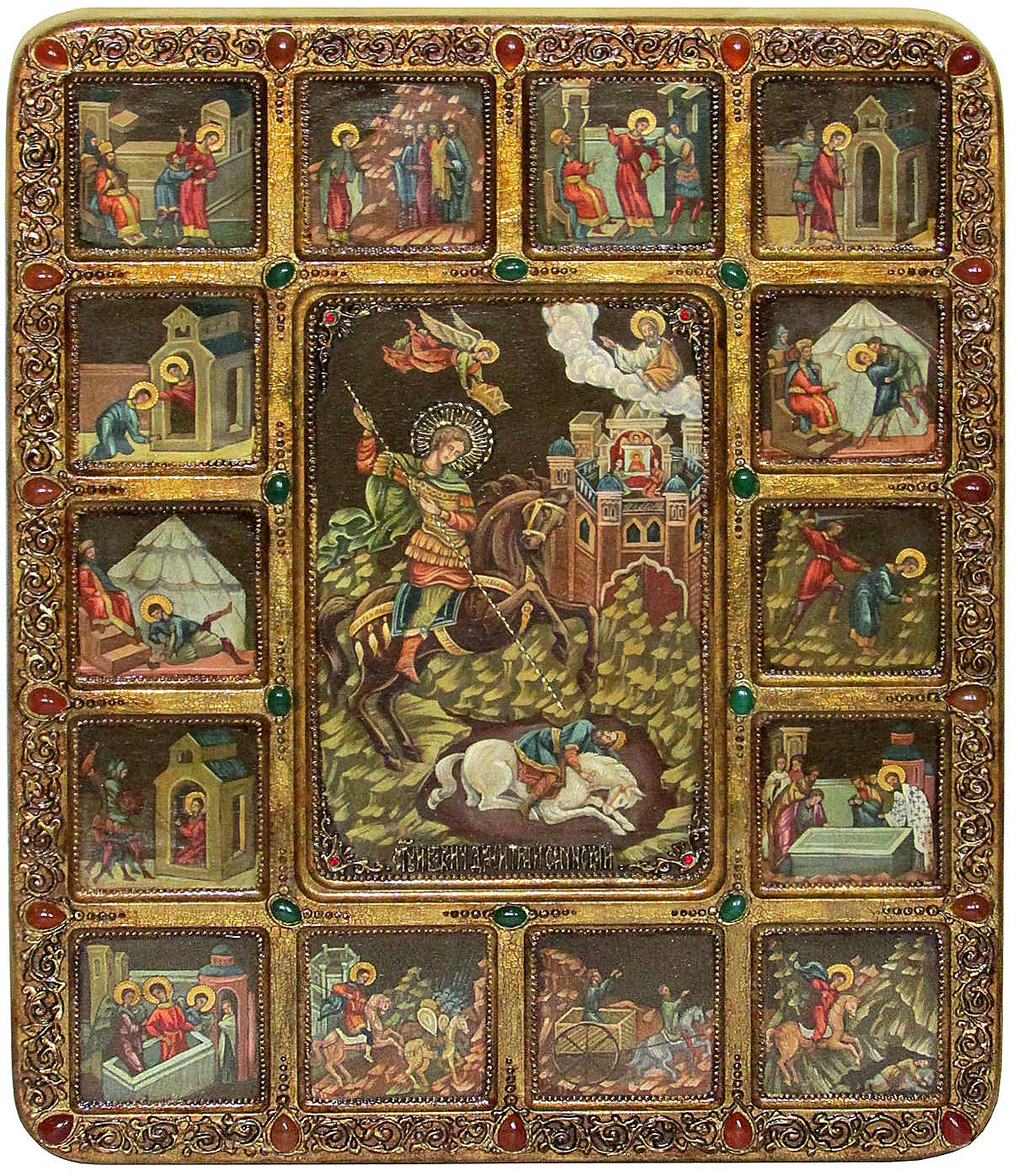 Живописная икона "Чудо великомученика Димитрия Солунского о царе Калояне" с житийными сценами на кипарисе - купить в Москве | Мосподарок 