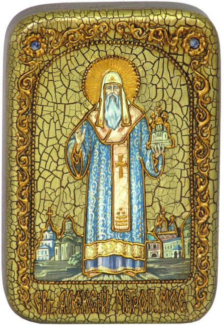 Настольная икона "Святитель Алексий, митрополит Московский и всея России чудотворец" на мореном дубе