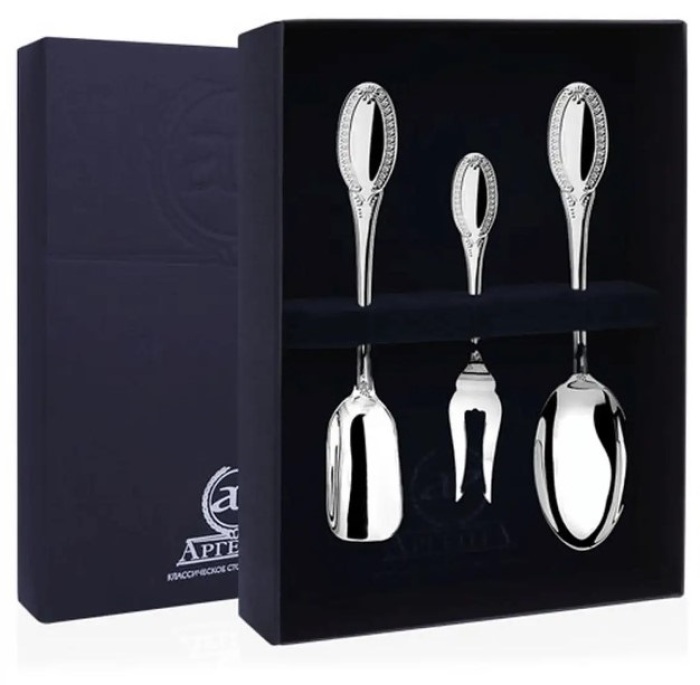 Серебряный набор для чая "Император": вилка для лимона, ложка чайная, совок для сахара - артикул: AK01337 | Мосподарок 