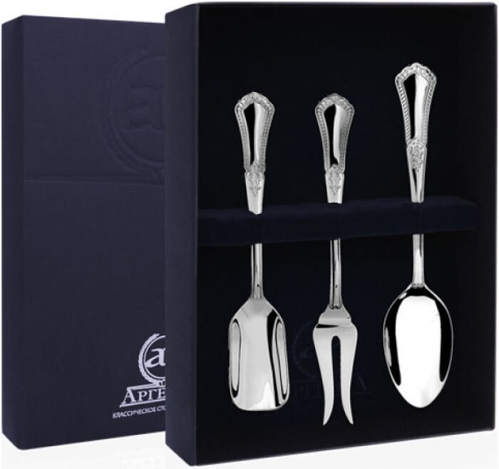 Серебряный набор для чая "Фаворит": вилка для лимона, ложка чайная, совок для сахара - артикул: AK01336 | Мосподарок 