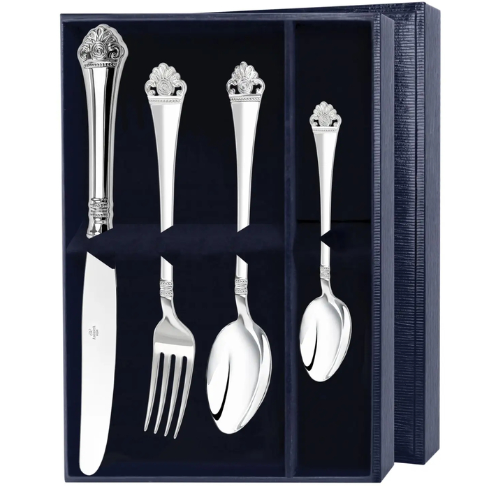 Серебряный набор столовый "Афина" 4 предмета : вилка, ложка, нож, чайная ложка, на 1 персону - артикул: AK01790 | Мосподарок 