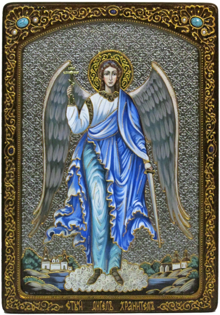 Живописная икона Ангела Хранителя на кипарисе в березовом киоте