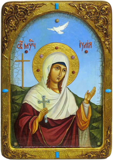 Живописная икона "Святая мученица Иулия (Юлия) Карфагенская" на кипарисе в березовом киоте