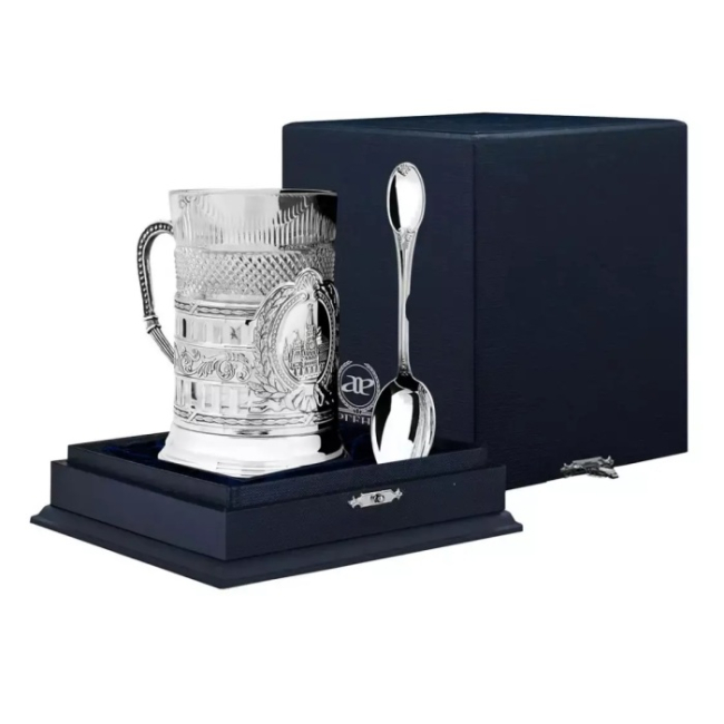 Серебряный чайный набор  "Спасская башня" гербовый: ложка, стакан, подстаканник с чернением Серебряный чайный набор  "Спасская башня" гербовый: ложка, стакан, подстаканник с чернением