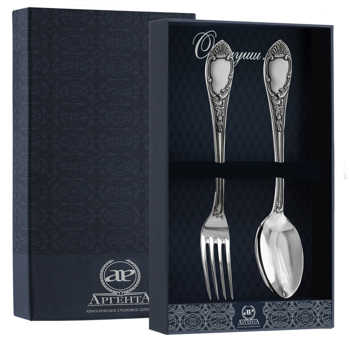Серебряный столовый набор "Престиж": вилка и ложка, с чернением - артикул: AK01667 | Мосподарок 