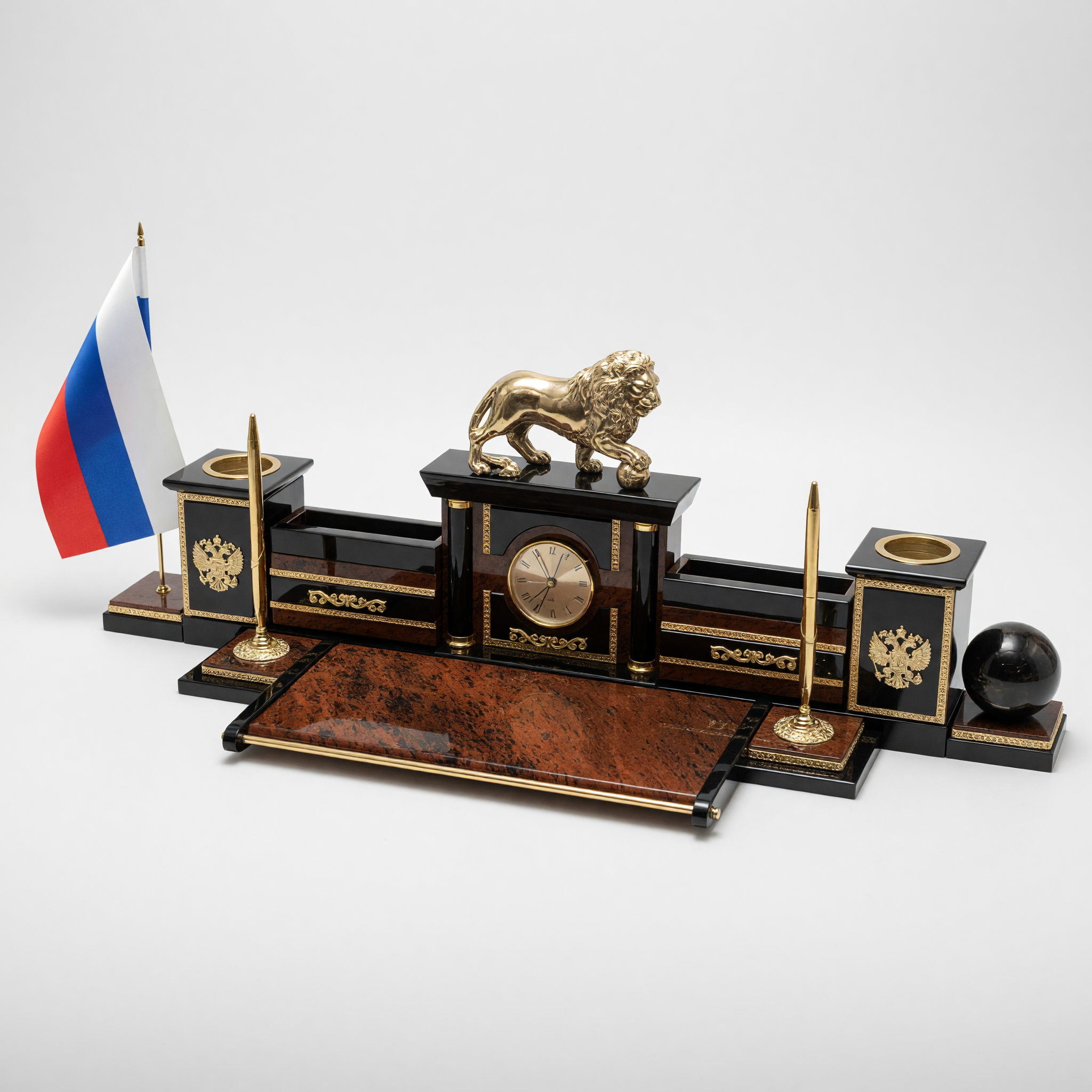 Настольный набор из обсидиана и зеленого мрамора "Лев" - артикул: AR1316 | Мосподарок 