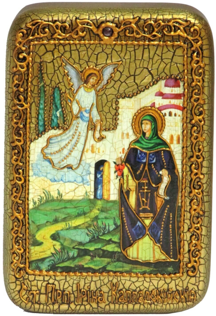 Настольная икона "Святая преподобная Ирина Каппадокийская (Хрисоволанта)" на мореном дубе