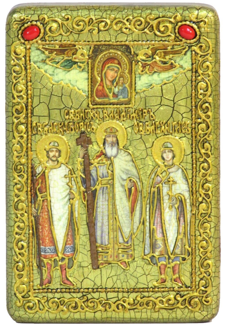 Настольная икона "Святой равноапостольный князь Владимир и сыновья его святые благоверные князья Борис и Глеб" на мореном дубе