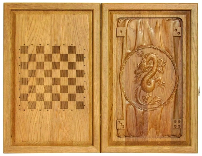 Резные объемные нарды+шашки дорожного размера из массива мореного дуба "Дракон"-2