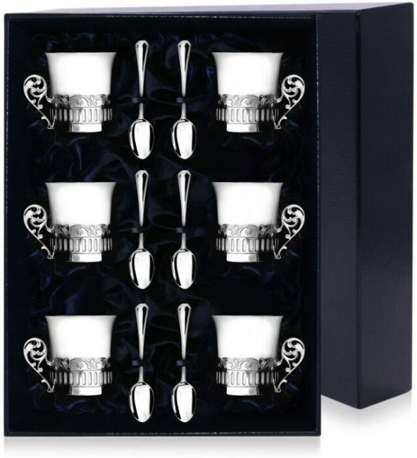 Набор кофейных чашек из серебра "Богема" на 6 персон, с ложками