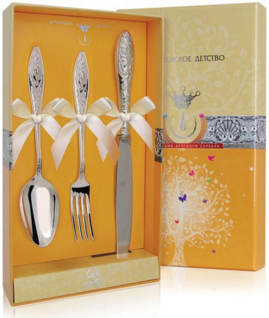 Набор детских серебряных столовых приборов КД "Морозко": вилка, ложка, нож, на 1 персону