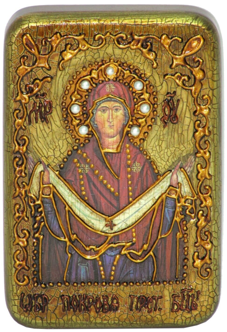 Настольная икона "Образ Божией Матери "Покров" на мореном дубе