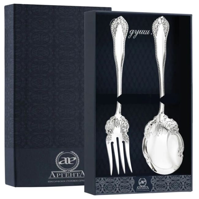 Серебряный набор для салата "Узоры": ложка и вилка, футляр Серебряный набор для салата "Узоры": ложка и вилка, футляр