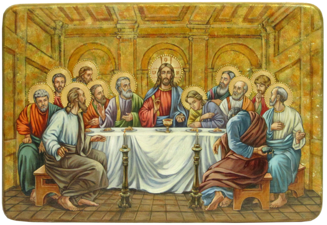 Живописная икона "Тайная вечеря" на кипарисе в берёзовом киоте