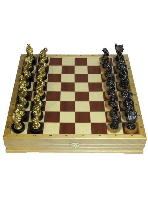 Шахматы "Сказочные" цинковый сплав/черненые на доске из мореной березы 37 см