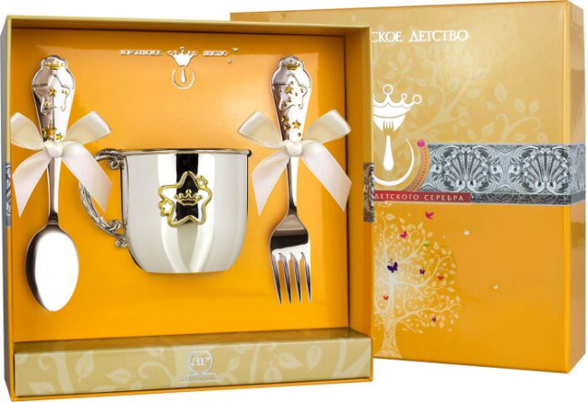 Набор детский серебряный КД "Звезда": вилка, кружка, ложка с позолотой, на 1 персону
