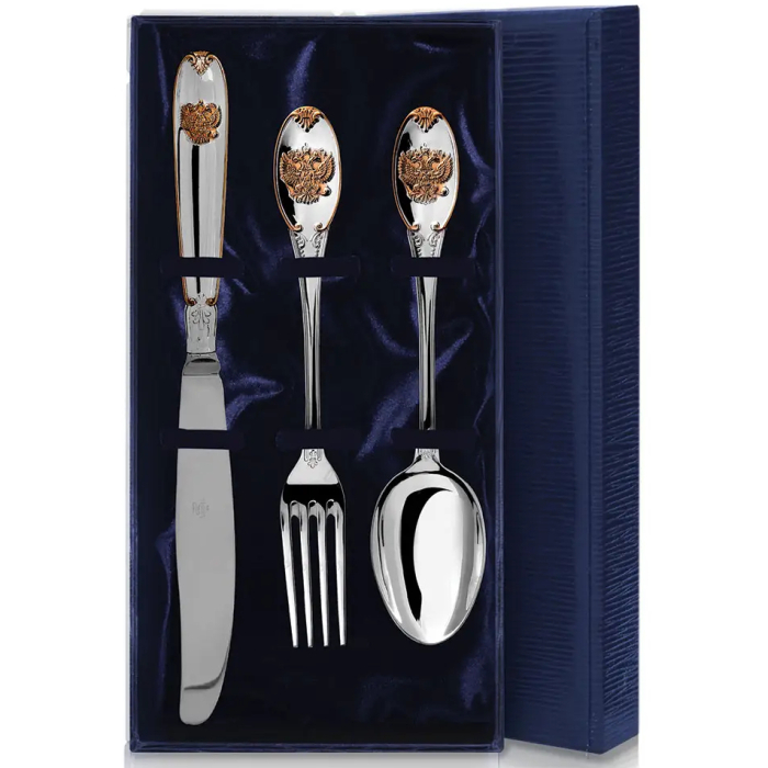 Набор из 3 столовых серебряных приборов с позолотой "Единство": вилка, ложка, нож с позолотой, на 1 персону - артикул: AK01388 | Мосподарок 