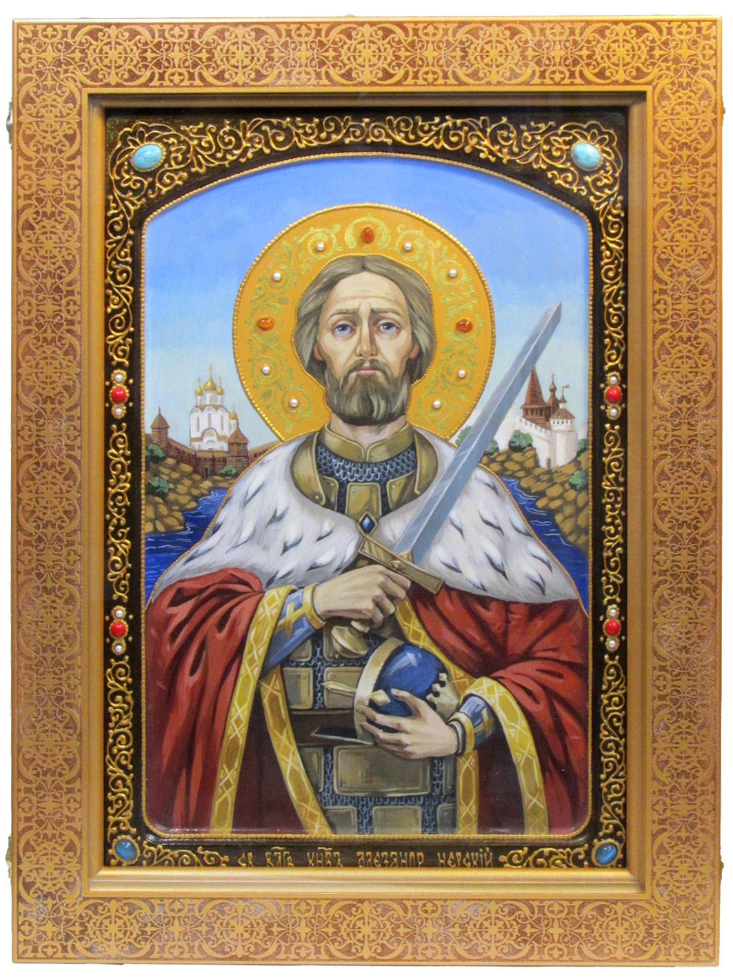 Живописная икона "Святой благоверный князь Александр Невский" на кипарисе в березовом киоте - купить в Москве | Мосподарок 